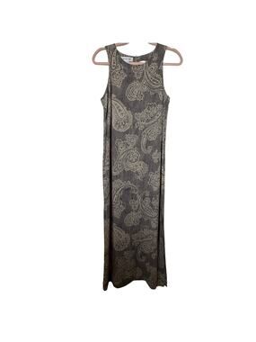 Sz 10 Vtg Jones New York 100% Silk Paisley Maxi Dress Taupe Black Boho Luxe Chic